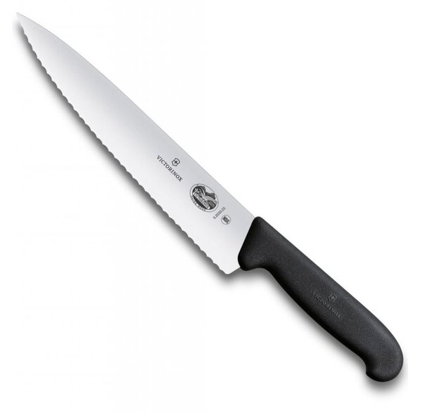 Kuchařský nůž s vlnitým ostřím FIBROX 22 cm černý - Victorinox (Zoubkovaný univerzální Kuchařský nůž 22 cm černý FIBROX - Victorinox)