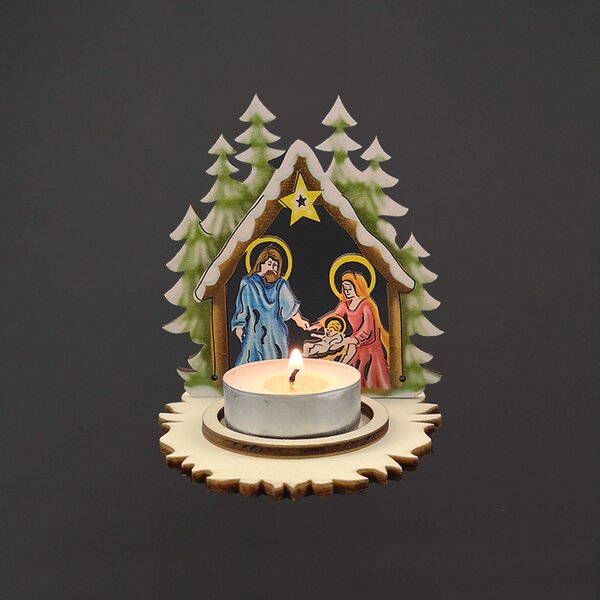 AMADEA Dřevěný svícen na čajovou svíčku betlém, 10 cm, český výrobek