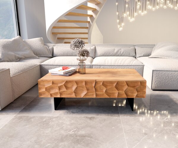 DELIFE Konferenční stolek Solu 120x70 cm akácie přírodní 4 zásuvky závěsná kovová podnož černá 3D čelo
