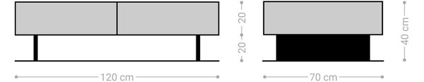 DELIFE Konferenční stolek Solu 120x70 cm akácie přírodní 4 zásuvky závěsná kovová podnož černá 3D čelo