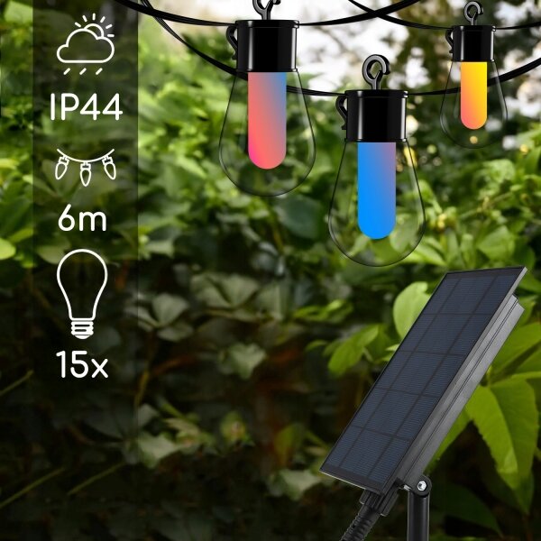LED RGB Solární dekorační řetěz 15xLED/18 funkcí USB 6 m IP44 černá
