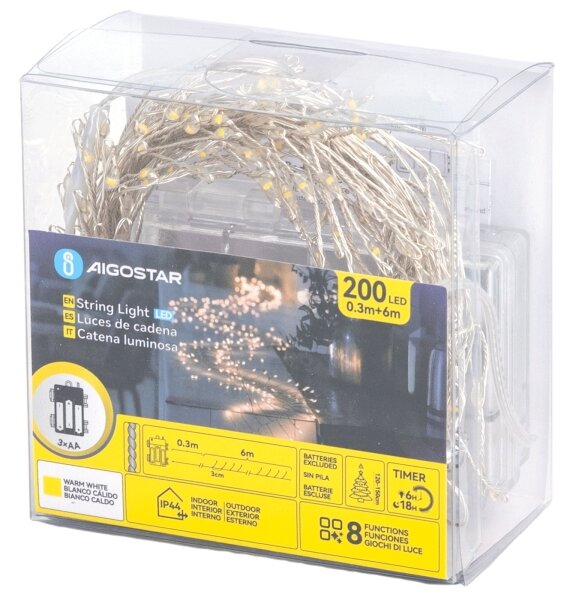 Aigostar - LED Venkovní vánoční řetěz 200xLED/8 funkcí 3xAA 6,3m IP44 teplá bílá