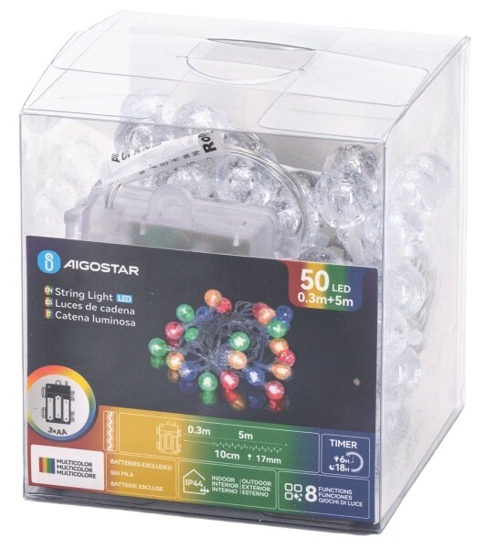 Aigostar - LED Venkovní vánoční řetěz 50xLED/8 funkcí 3xAA 5,3m IP44 multicolor