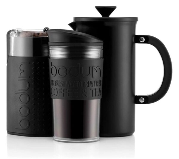 TRIBUTE SET Kávovar 1,0 l, cestovní hrnek a mlýnek na kávu černý - BODUM (Kávová souprava - kávovar Cafetiere (1 litr / 8 šálků) z nerezové oceli, dvoustěnný cestovní hrnek a elektrický mlýnek na kávu černý - BODUM)