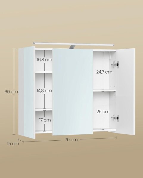 Zrcadlová skříňka do koupelny s osvětlením - Nástěnná skříňka se 3 zrcadlovými dvířky - Nastavitelné police - 70 x 15 x 60 cm - Bílá
