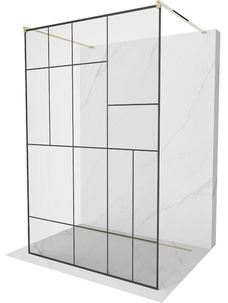 Mexen Kioto, průchozí sprchová zástěna 100 x 200 cm, 8mm sklo čiré/černý vzor, 2x zlatá stabilizační rozpěra, 800-100-002-50-78