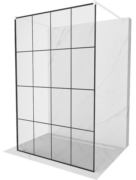 Mexen Kioto, průchozí sprchová zástěna 130 x 200 cm, 8mm sklo čiré/černý vzor, 2x bílá stabilizační rozpěra, 800-130-002-20-77