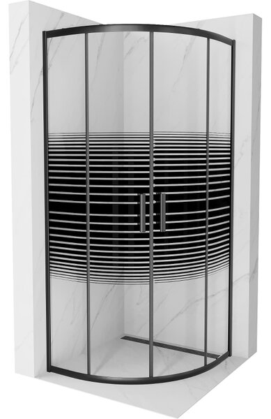 Mexen Rio, čtvrtkruhový sprchový kout s posuvnými dveřmi 70 (dveře) x 70 (dveře) x 190 cm, 5mm čiré sklo s pásky, černý profil, 863-070-070-70-20