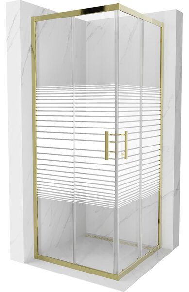 Mexen Rio, čtvercový sprchový kout s posuvnými dveřmi 80 (dveře) x 80 (dveře) x 190 cm, 5mm čiré sklo s pásky, zlatý profil, 860-080-080-50-20