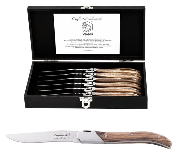 Sada steakových nožů Laguiole LUXURY 6 ks olive - LAGUIOLE Style de Vie (Steakové nože 6 ks, rukojeť olivové dřevo LAGUIOLE LUXURY - LAGUIOLE Style de Vie)