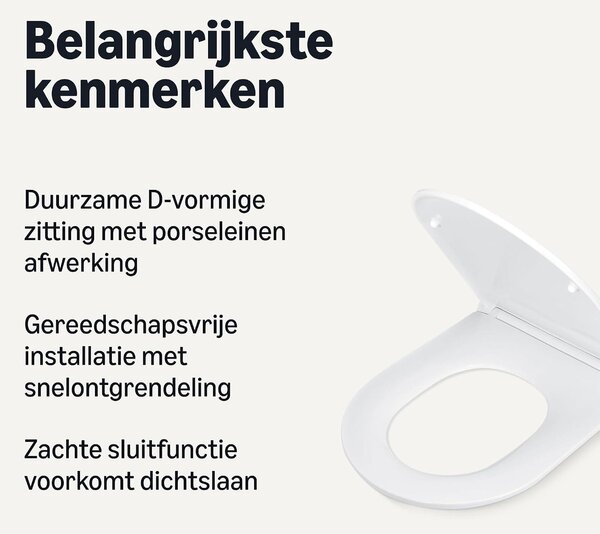 Toaletní sedátko ve tvaru D - WC sedátko s pomalým zavíráním - Rychlá instalace - Univerzální - Ureové pryskyřice - Bílá barva