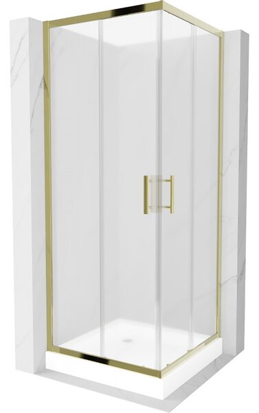 Mexen Rio, čtvercový sprchový kout s posuvnými dveřmi 70 (dveře) x 70 (dveře) x 190 cm, 5mm sklo námraza, zlatý profil + bílá sprchová vanička RIO, 8…