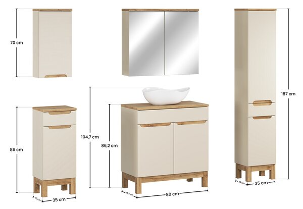Comad Koupelnová sestava Bali Casad Cloud s deskou, umyvadlem, skříňkami a zrcadlem 80 cm kašmírová/dub wotan