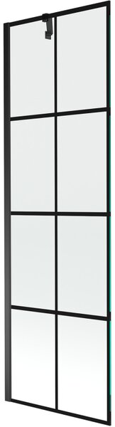 Mexen Next, vanová zástěna 1-křídlová 60 x 150 cm, fixní křídlo, 6 mm čiré sklo s černým vzorem, černý profil, 895-060-000-00-77-70