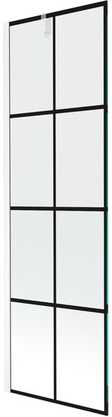 Mexen Next, vanová zástěna 1-křídlová 60 x 150 cm, fixní křídlo, 6 mm čiré sklo s černým vzorem, bílý profil, 895-060-000-00-77-20