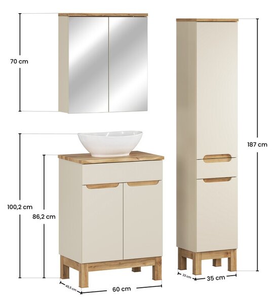 Comad Koupelnová sestava Bali Nature Lola s deskou, umyvadlem, skříňkami a zrcadlem 60 cm kašmírová/dub wotan