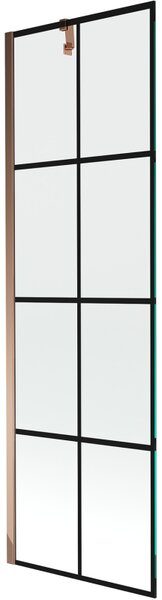 Mexen Next, vanová zástěna 1-křídlová 60 x 150 cm, fixní křídlo, 6 mm čiré sklo s černým vzorem, růžové zlato profil, 895-060-000-00-77-60