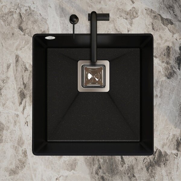 Sink Quality Argon 50, kuchyňský granitový dřez 420x420x225 mm + chromový sifon, bílá, SKQ-ARG.W.1KBO.50.X