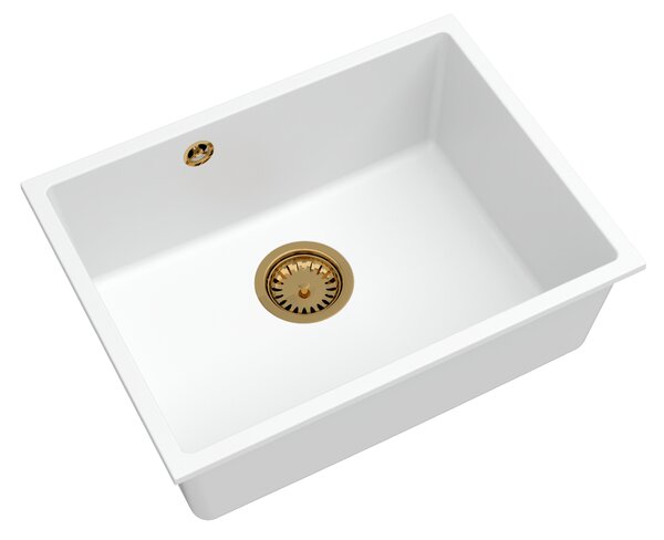 Sink Quality Crypton 60, kuchyňský granitový dřez 535x400x205 mm + zlatý sifon, bílá, SKQ-CRY.W.1KBO.60.XG