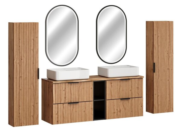 Comad Koupelnová sestava Casad Magic s deskou, umyvadly, skříňkami a LED zrcadlem 140 cm dub wotan