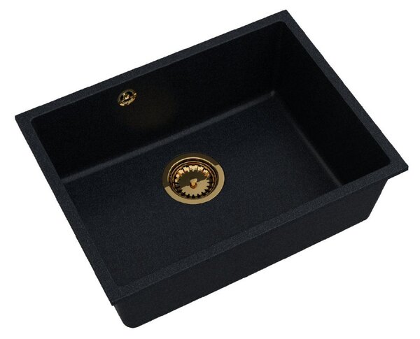Sink Quality Crypton 60, kuchyňský granitový dřez 535x400x205 mm + zlatý sifon, černá skvrnitá, SKQ-CRY.B.1KBO.60.XG