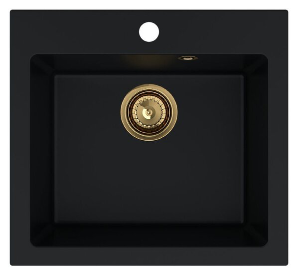 Sink Quality Ferrum 50, kuchyňský granitový dřez 490x450x195 mm + zlatý sifon, černá, SKQ-FER.C.1K50.XG
