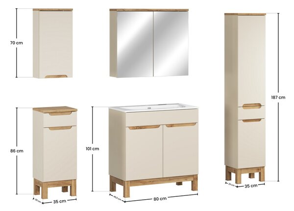 Comad Koupelnová sestava Bali Sky se zápustným umyvadlem, skříňkami a zrcadlem 80 cm kašmírová/dub wotan