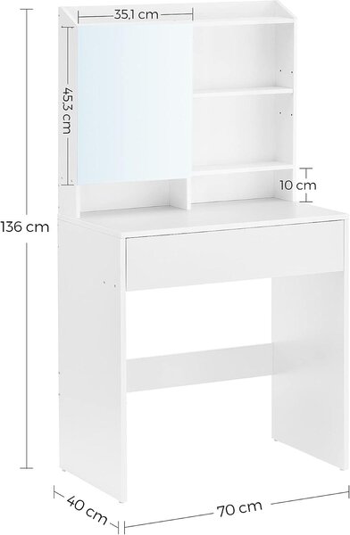 Toaletní stolek se zrcadlem a zásuvkou - Stolek na líčení - Nastavitelné police - Dřevotříska - Bílá barva