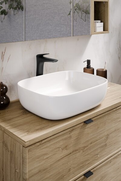 Comad Koupelnová sestava Casad Nature Smile s deskou, skříňkami, umyvadly a LED zrcadlem 120 cm černá/dub wotan
