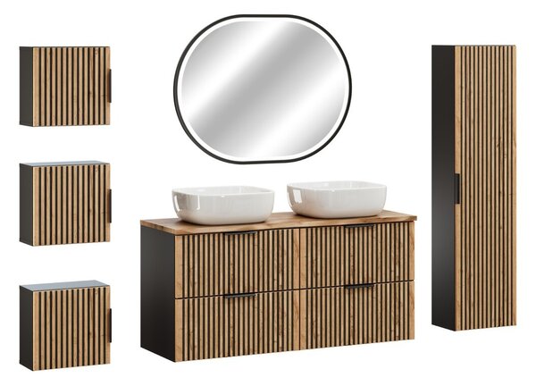 Comad Koupelnová sestava Casad Nature Smile s deskou, skříňkami, umyvadly a LED zrcadlem 120 cm černá/dub wotan