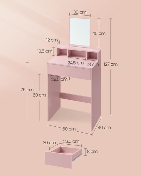 Kosmetický stolek – Toaletní stolek s velkým zrcadlem – 2 zásuvky a 3 otevřené přihrádky – Růžová barva – Moderní design