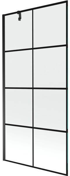 Mexen Next, vanová zástěna 1-křídlová 90 x 150 cm, fixní křídlo, 6 mm čiré sklo s černým vzorem, černý profil, 895-090-000-00-77-70