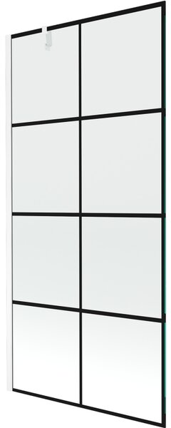 Mexen Next, vanová zástěna 1-křídlová 90 x 150 cm, fixní křídlo, 6 mm čiré sklo s černým vzorem, bílý profil, 895-090-000-00-77-20