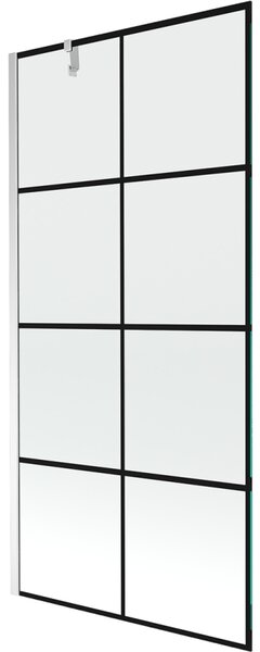 Mexen Next, vanová zástěna 1-křídlová 90 x 150 cm, fixní křídlo, 6 mm čiré sklo s černým vzorem, chromový profil, 895-090-000-00-77-01