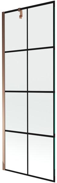 Mexen Next, vanová zástěna 1-křídlová 70 x 150 cm, fixní křídlo, 6 mm čiré sklo s černým vzorem, růžové zlato profil, 895-070-000-00-77-60