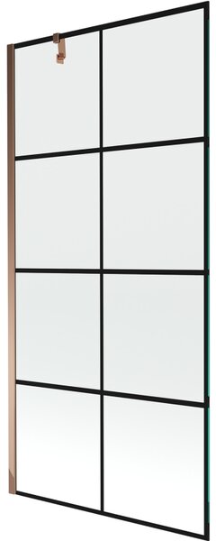 Mexen Next, vanová zástěna 1-křídlová 90 x 150 cm, fixní křídlo, 6 mm čiré sklo s černým vzorem, růžové zlato profil, 895-090-000-00-77-60