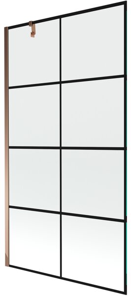 Mexen Next, vanová zástěna 1-křídlová 100 x 150 cm, fixní křídlo, 6 mm čiré sklo s černým vzorem, růžové zlato profil, 895-100-000-00-77-60