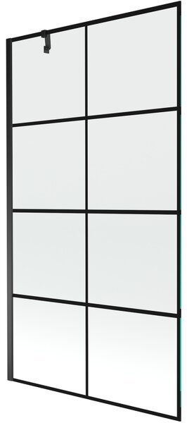 Mexen Next, vanová zástěna 1-křídlová 100 x 150 cm, fixní křídlo, 6 mm čiré sklo s černým vzorem, černý profil, 895-100-000-00-77-70