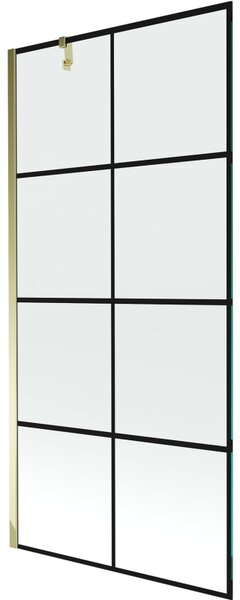 Mexen Next, vanová zástěna 1-křídlová 90 x 150 cm, fixní křídlo, 6 mm čiré sklo s černým vzorem, zlatý profil, 895-090-000-00-77-50