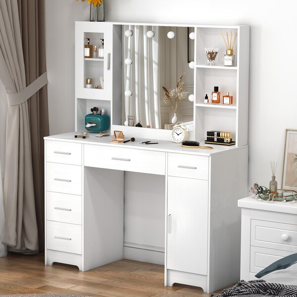 Zrcadlový stolek – bílý – výška 140 cm – materiál: MDF a sklo