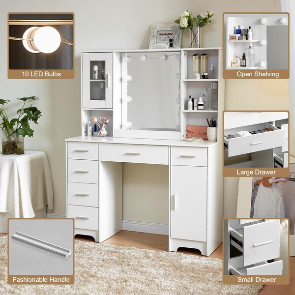 Zrcadlový stolek – bílý – výška 140 cm – materiál: MDF a sklo