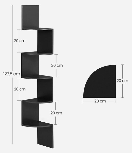 Rohová police na zeď se 5 policemi - Závěsná rohová police ve tvaru "V" - 20 x 20 x 126 cm - Dřevotříska