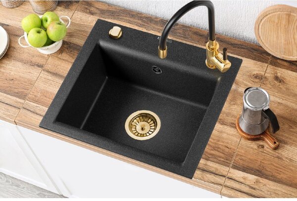 Invena Tesalia, 1-komorový granitový dřez 440x480x160 mm a dřezová baterie Glamour, černá-zlatá, INV-AZ-01-Z41-SET