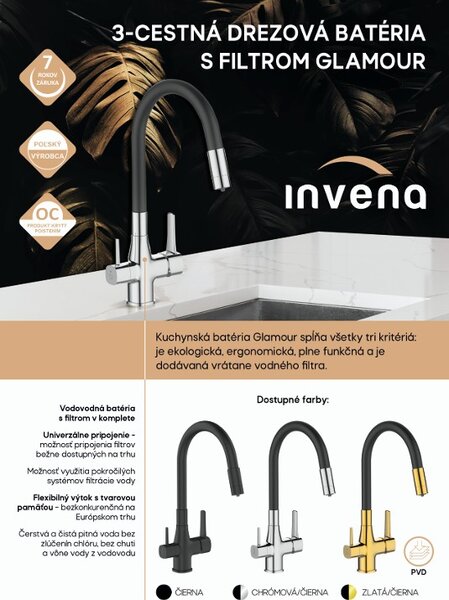 Invena Magic, stojánková dřezová baterie s flexibilním ramenem a filtrem na pitnou vodu, černá-chromová, INV-BZ-08-F08-V