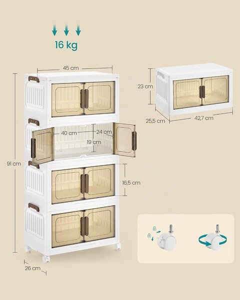 Skládací úložná skříň – Stohovatelné úložné boxy s kolečky a magnetickými dvířky – objem 100 litrů – rozměry 45 x 26 x 91 cm
