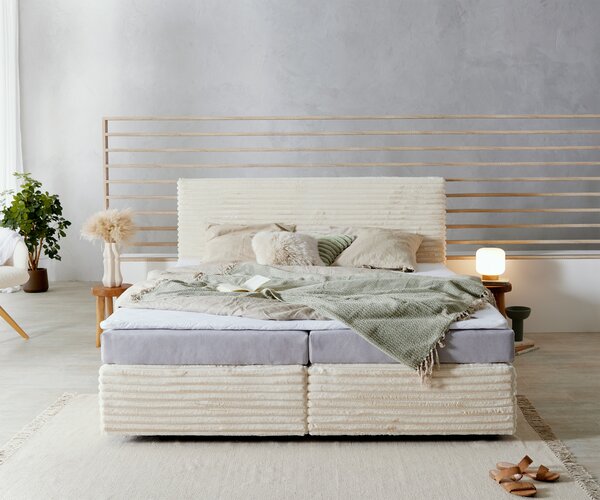 DELIFE Boxspring postel Dream-Well plyšový manšestr béžová 180×200 cm Bonell matrace PU topper