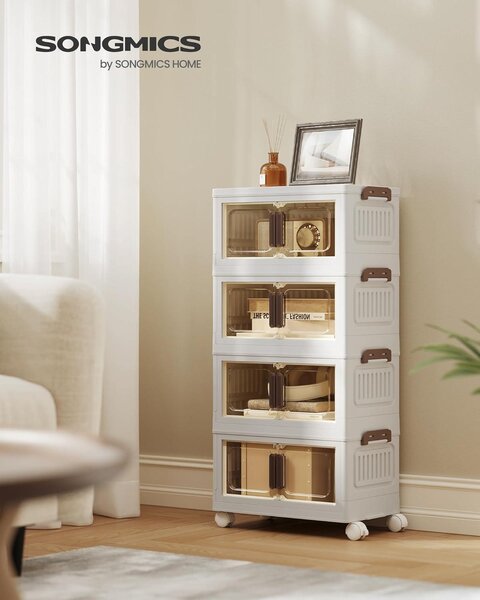 Skládací úložná skříň – Stohovatelné úložné boxy s kolečky a magnetickými dvířky – objem 100 litrů – rozměry 45 x 26 x 91 cm