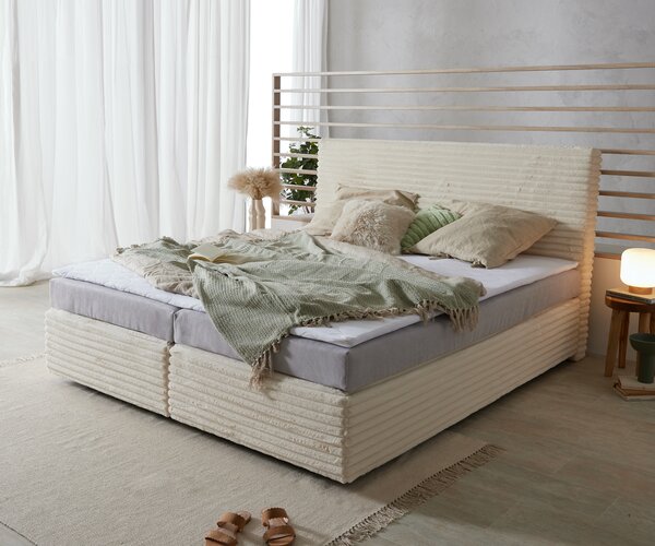 DELIFE Boxspring postel Dream-Well plyšový manšestr béžová 180×200 cm Bonell matrace PU topper