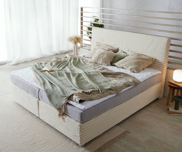 DELIFE Boxspring postel Dream-Well plyšový manšestr béžová 180x200 cm TFK matrace Visco topper