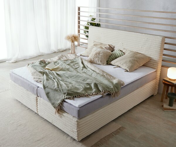 DELIFE Boxspring postel Dream-Well plyšový manšestr béžová 180×200 cm Bonell matrace PU topper